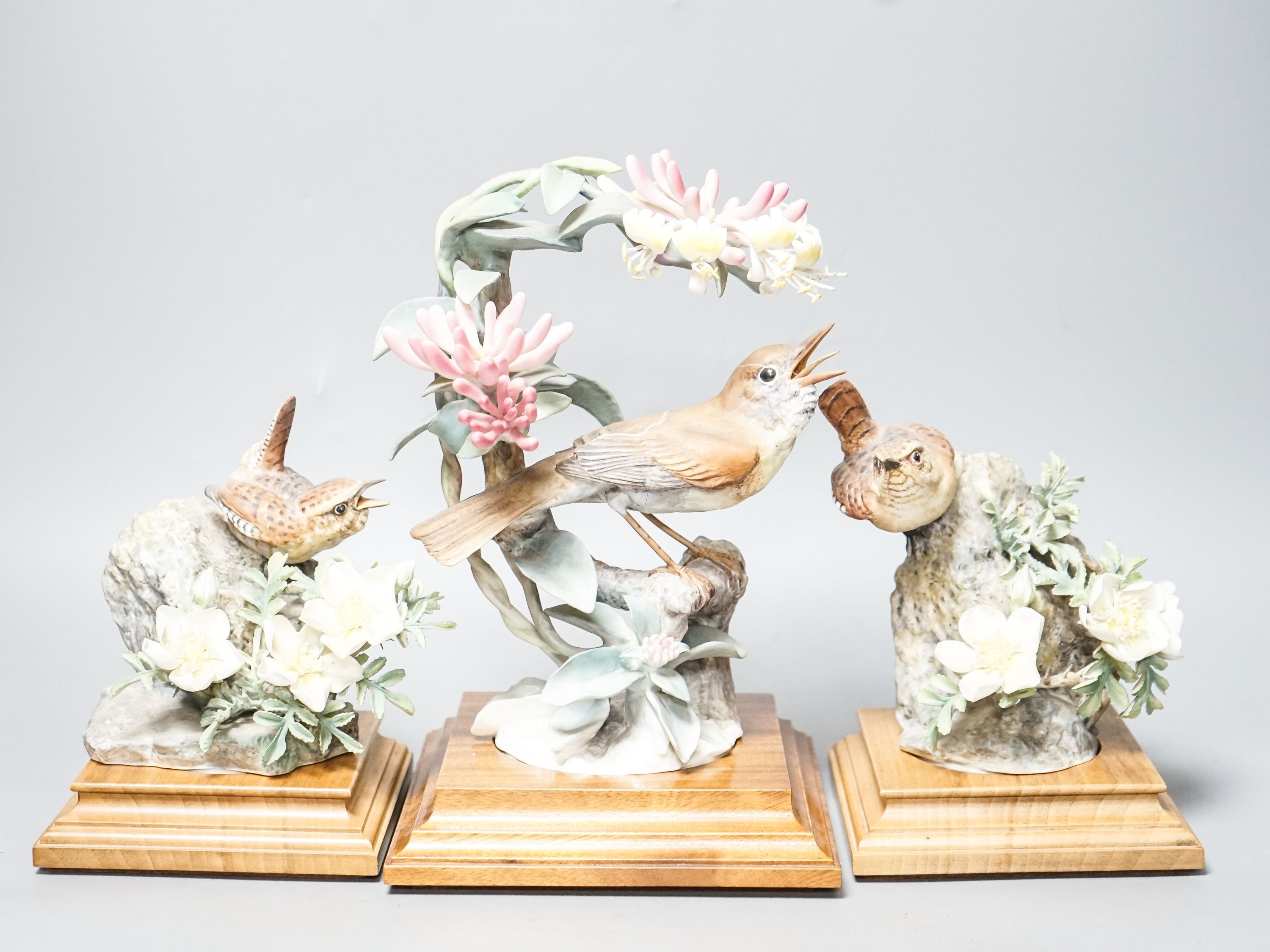 Three Royal Worcester porcelain groups of birds, modelled by Dorothy Doughty - ‘’Nightingale and Honeysuckle’’, “Wren and Burnet Rose’’, (a hen and a cock), each with certificates